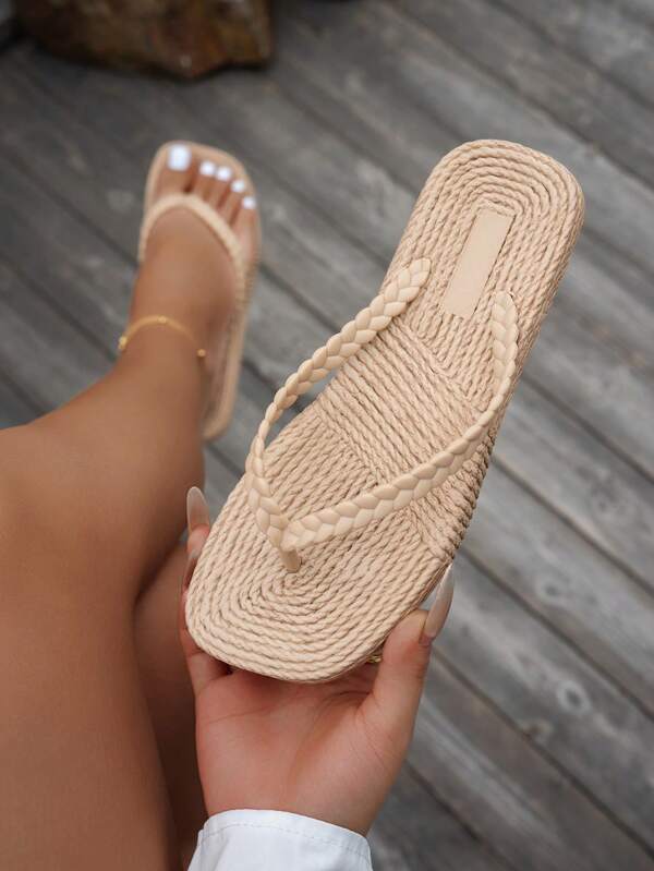 Teenagers & Girls Thick Sole Thong Sandals Wheat Straw Rope Summer New Model Rhinestone Soft Comfortable Lightweight Non-Slip Outdoor Beach Pool Swimming Holiday Waterproof EVA