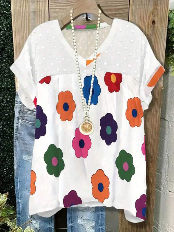 Plus Size Women's Summer Simple Comfortable Polka Dot & Floral Print Short Sleeve T-Shirt