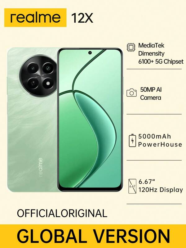 Realme 12 Stücke 5G Smartphone ohne Vertrag: 6,67" HD+ 120Hz Display, MediaTek Dimensity 6100+ 5G Chipsatz, 6GB+128GB, 5000mAh Akku & 15W Schnellladung, Android 14 (Grün/Schwarz)