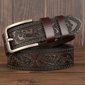 Men's Vintage Genuine Leather Belt With Alloy Buckle - Elegant Carved Design, Perfect For Business & Casual Wear - Ideal Gift For Father Or Husband Summer, School Casual, Business, Boyfriend Husband Father Dad Men Gift, Daily Wear, Fashion, Teen, Outdoor, Vacation, Athletic, Travel, Street, Boho, Vintage Fall, Autumn, Halloween Autumn-Winter Accessories,Suitable For Teens, Youth,Men,Casual, Outdoor, Athletic, Vacation, Graduation Gifts, Birthday, Daily Wear