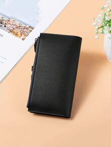 Women's Vertical Snap Cherry Embroidered Compact Minimalist Small Wallet, PU Water-Resistant Lightweight Cash Holder, Suitable As Gift For Girlfriend - Black - View 7