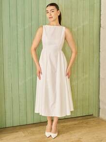 Andrea Bello Women's White Long A-Line Sexy Elegant Waisted Bubble Hem Dress Simple Solid Color Dress Backless Minimalist Sleeveless Midi Dress, Suitable For Work & Vacation And Summer