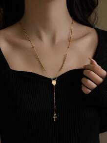 1 Stück elegante minimalistische Edelstahl Kreuz Kette mit 59 Stücke 3mm Stahl Perle Rosenkranz, geeignet für Herren und Damen Alltags Tragen
