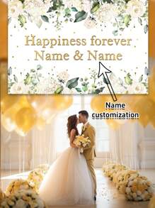 1pc Customizable Green Leaves & Floral Photography Backdrop Cloth, Wedding Engagement Forever Happiness Party Celebration Decor Banner