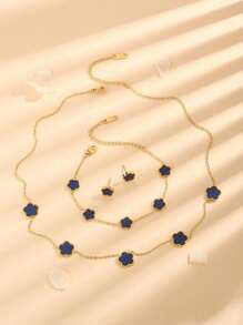 Juego de 4 piezas de nuevos pendientes, pulsera y collar con forma de flor de 5 pétalos de acero inoxidable y perlas imitación para San Valentín, mamá, madre, Día de la Madre, regalo