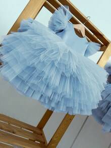 女婴蝴蝶结盖袖浅蓝色优雅公主薄纱连衣裙，适合作为 1 岁生日礼物、宴会、派对、庆祝活动 - 淺藍色 - 查看 5