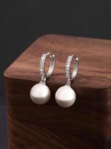1 Pair Luxury Pearl Inlaid Copper Pendant Earrings, Elegant Vintage Style Gift For Women