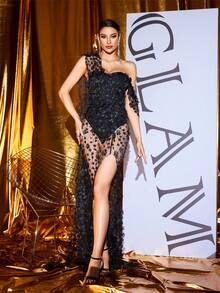 Black One Shoulder Tulle 3D Floral Ribbon Split Maxi Evening Dress - Black - View 3