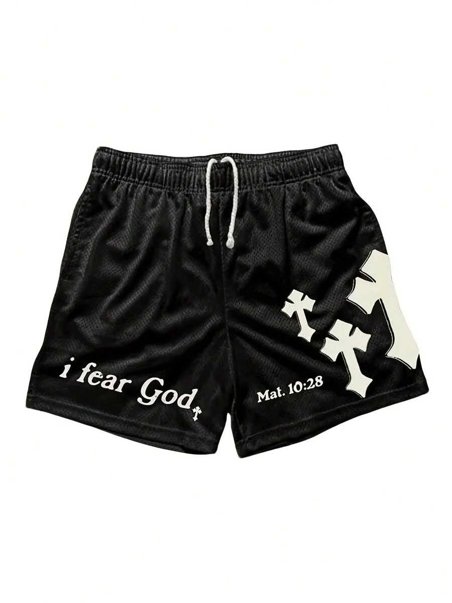 Edgy Cross Print Y2K Men's Printed Short Sleeve T-Shirt Set, Men, Ropa De Hombre, Men Shorts Set, Pantalones De Hombre, Shorts For Men, Graphic Tees Men - màu đen - Xem 1