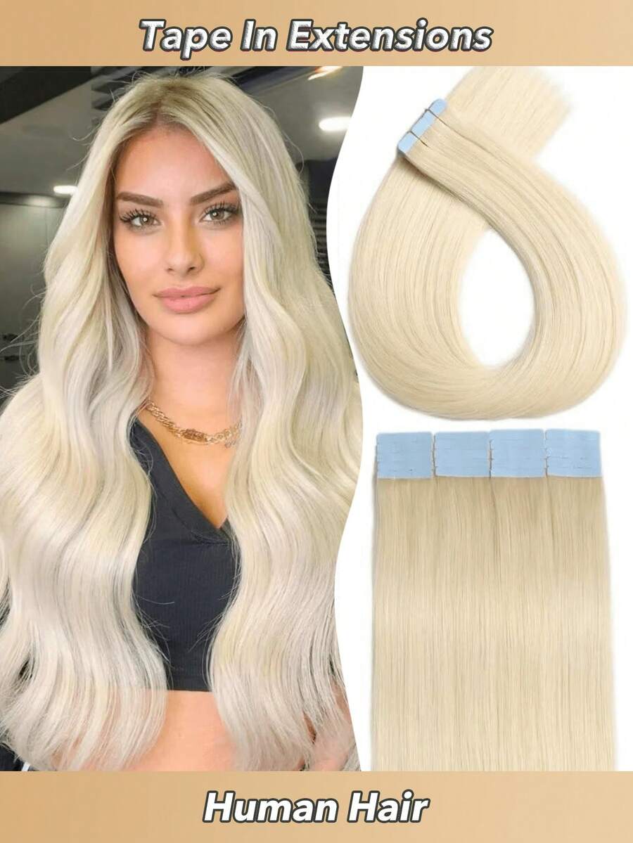 Jessie's Selection 20pcs/Pack 50g Tape In Hair Extensions Skin Weft Remy Silky Straight Seamless Invisible Tape Adhensive Human Hair Extensions For Volume Add Length Luxury Quality Affordable Cost Salon Quality, Perfect For Graduation, Anniversary, And Holiday Hairstyles, Holds Up Well (#60 Platinum Blonde) - S60 - 查看 1