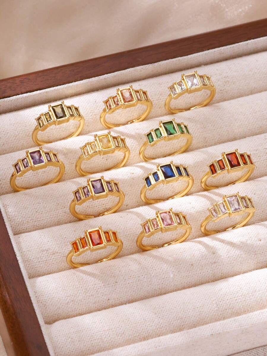 Inele vintage colorate din oțel inoxidabil cu zirconiu cubic, inel deschis anti-decolorare placat cu aur de 18K cu piatră pătrată pentru femei, accesorii pentru bijuterii de nuntă, cadouri de ziua de naștere pentru mama/cea mai bună prietenă