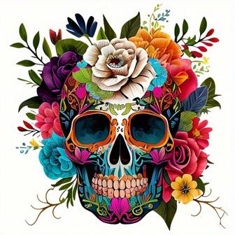 1/2/3pcs Floral Skull Heat Transfer Stickers - Washable PVC Decals Suitable For DIY T-Shirts, Pants, Sweaters And Pillows - Colorful Candy Skull And Flower Pattern