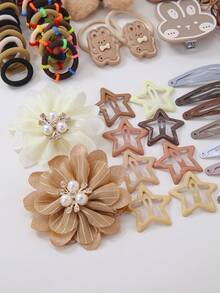 817pcs/Set Girls' Brown Sparkling Rhinestone Pearl Fabric Flower, Rabbit, Heart, Butterfly, Star Cute Headband, Hair Ties, Clips, Barrettes Hair Accessories Set, Suitable For Daily Use And Gift - Multicolor - View 5