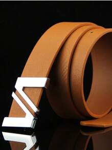 1pc New Men's Orange Korean Style Fashion Smooth Buckle Belt With Letter V, Boyfriend Gift, Suitable For Teenagers'' Daily Outfits