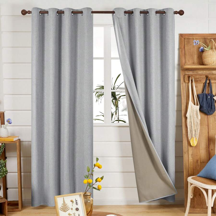 2 Pcs Full Blackout Curtains Faux Linen For Bedroom & Living Room - 100% Light Blocking Thermal Insulated Room Darkening, Noise Reducing, Modern Contemporary Style, 52 Inch Wide - 灰色 - 查看 1