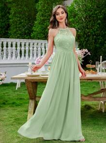 MIUSOL Vestido largo de gala formal con cuello de halter, sin mangas, con volantes, de gasa con lentejuelas y encaje floral
