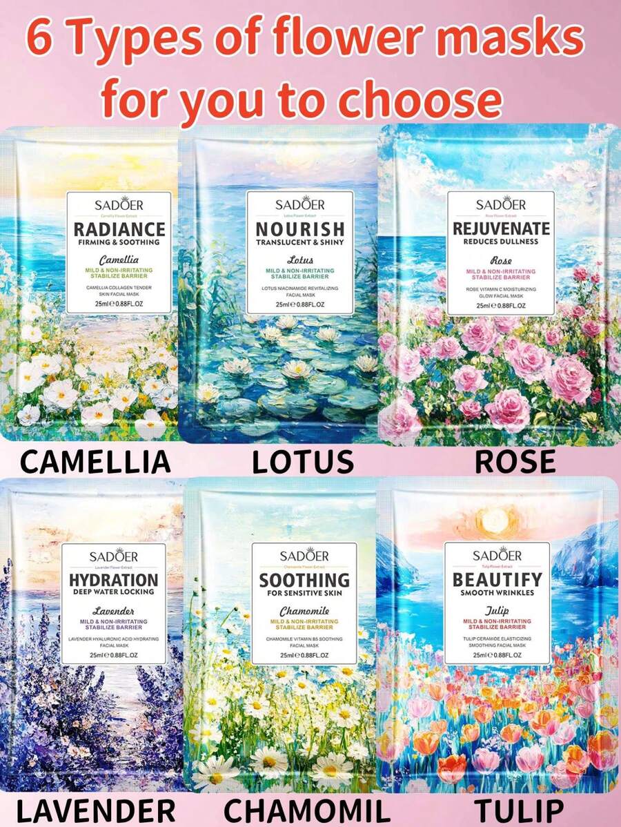 خليط 5/6/10/15 قطعة قناع زهري، مبيض، مرطب ومرطب، محكم وملطف للتجاعيد، يقلل من جفاف الوجه، يحتوي على استخلاص الزهور بغزارة، يجعل البشرة أكثر نعومة وإشراقًا