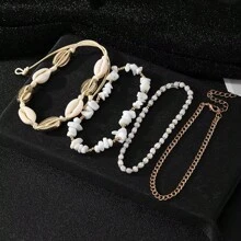 Set de tobillera de cadena con piedras trituradas de verano para mujer, pulsera para el tobillo con dije de concha estilo bohemio, joyería hecha a mano de color dorado con cuentas y lentejuelas, accesorio de playa para pies descalzos