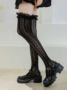 1双女士心形蕾丝过膝长筒袜，荷叶边蝴蝶结，圣诞礼物