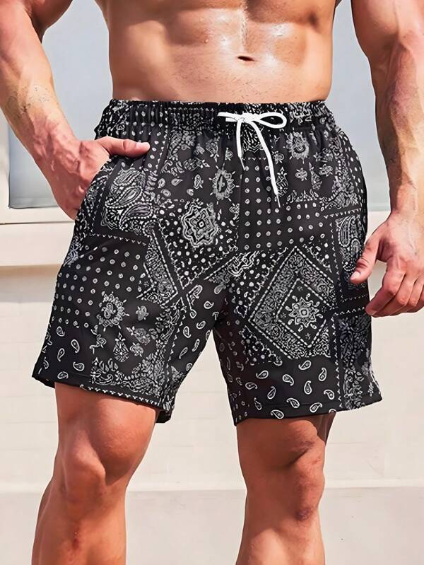 Pantaloni scurți sport cu uscare rapidă, de vară, colorblock, pentru bărbați, cu șnur în talie, pantaloni scurți de plajă casual, cu imprimeu floral Paisley, hawaieni