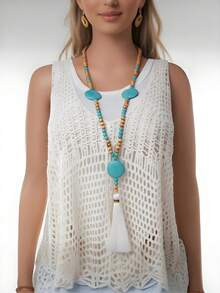 Women's Beaded Bohemian Style Long Necklace - Brown - View 7