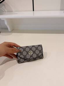 新款女式 PU 花卉印花图案小翻盖钥匙包奢华复古简约欧式美式风格便捷手提包礼品迷你钱包女式钱包 - 黑色 - 查看 6