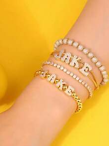 1pc Custom Nameplate Double Layer Sliding Letter Adjustable Bracelet, With Simulated Zirconia, Suitable For Women's Daily Wear, Gift For Valentine's Day, Mother's Day, Anniversary, Color Options: Gold, Fashion, Multicolor, Retro, Hip Hop, Simple, Y2K, Personalized, Unique, Ideal Gift For Him - Gold - View 6