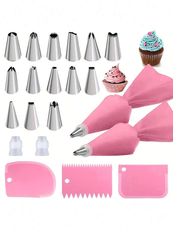 21 Pcs Pink Icing Piping Tips Set, Includes 14 Piping Tips, 2 Couplers, 2 Piping Bags, 3 Icing Scraper, Cake Decorating, Cupcake Decorating, Baking Supplies