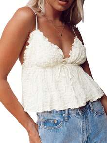 Women Basic Ruched Camisole Solid Color Ruffle V Neck Sleeveless Crop Tops For Streetwear Clubwear Summer Shirt - trắng - Xem 3