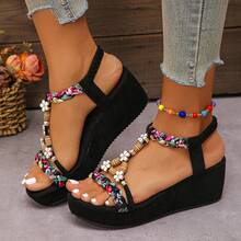 1 Paar elegante, vielseitige Boho Perlen Wedge Sandalen für Damen mit dicker Sohle, geeignet für Festivals, Urlaub, Büro und Outdoor-Aktivitäten, Frühling/Sommer