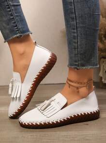 New Spring Tassel Slip-On Casual Shoes For Women, Student Flat White Sneakers, Versatile & Comfortable Platform Shoes
