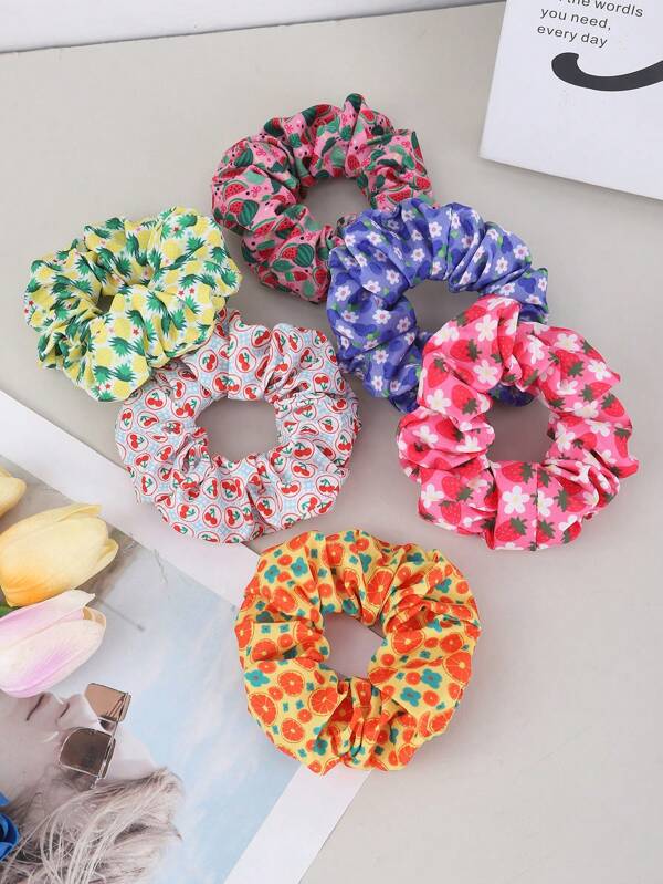 6pcs Fruit & Flower Printed Hair Scrunchies, Boho Style Sweet Hair Ties, Versatile Accessories For Daily Wear, Spring/Summer