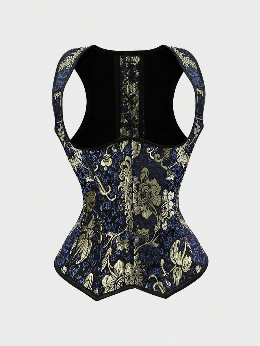 Corset Tops For Women Floral Jacquard Lace Up Under Boob Corset Pirate Renaissance Corset Vest Halloween Steampunk Corset - Màu xanh lam - Xem 1
