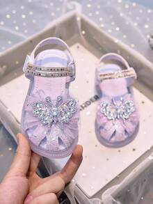 1 Pair Girls' Closed Toe Sandals With Bow & Rhinestone, Shiny Versatile Princess Shoes For Everyday Wear - Purple - View 4