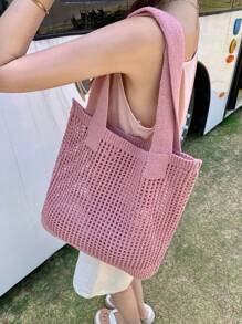 1pc Fashionable Knitted Tote Bag, Mesh Beach Handbag For Summer Vacation, Boho Knit Bag - Large Capacity Women Shoulder Bag