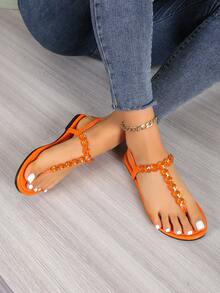 Green Handmade Beaded Flat Flip Flops For Women, Rhinestone Elastic Casual Sandals, Summer 2025 New Arrival, Plus Size 43 - Orange - View 5