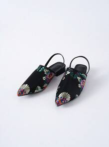 Zuecos de punta fina con bordado para mujer, de tacón plano, para primavera y verano