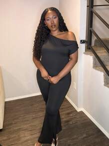 Truni Plus Size Asymmetrical Neck Short Sleeve Simple Jumpsuit Casual Everyday Wear Black Slim-Fit Jumpsuit
