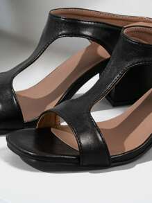 Sandalias de tacón grueso con tira en T y sandalias de tacón alto con punta cuadrada para mujer