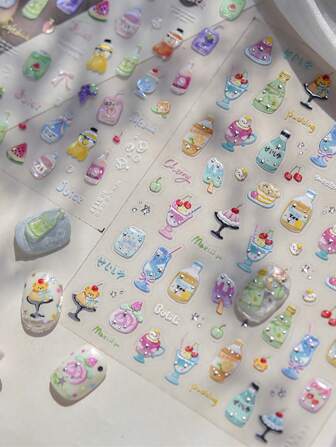 1 Sheet Summer Cartoon Nail Art Stickers Cute Lollipop Ice Cream Beverage Juice Candy Fruit Pattern Self-Adhesive Nail Decals DIY Nail Decorations Nail Art Supplies For Women And Girls