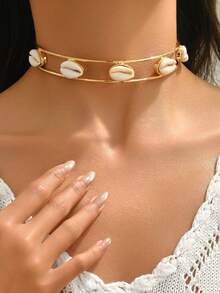 1pc Fashionable Simple Ocean Style Dual-Line Shell Inlay Necklace, Summer Beach Vacation Music Festival Street Photography Party Accessory - White - View 5