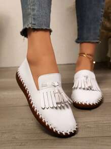 New Spring Tassel Slip-On Casual Shoes For Women, Student Flat White Sneakers, Versatile & Comfortable Platform Shoes
