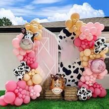 Conjunto de 146 piezas de decoración con arco y guirnalda de globos con tema de granja, incluye 40 pulgadas números del 1 al 9 de globos de aluminio rosas y globos con decoración de animales de granja para fiesta