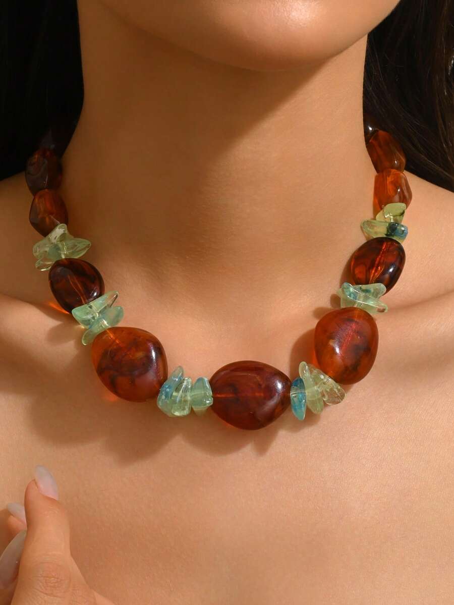 1件时尚优雅几何多色树脂串珠透明花卉图案项链，适合所有季节