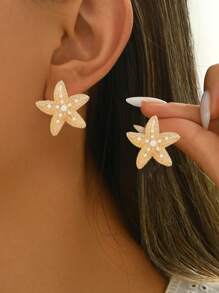 1 Pair Unique Ocean Style Faux Pearl & Star Stud Earrings, Suitable For Vacation, Party And As Gift