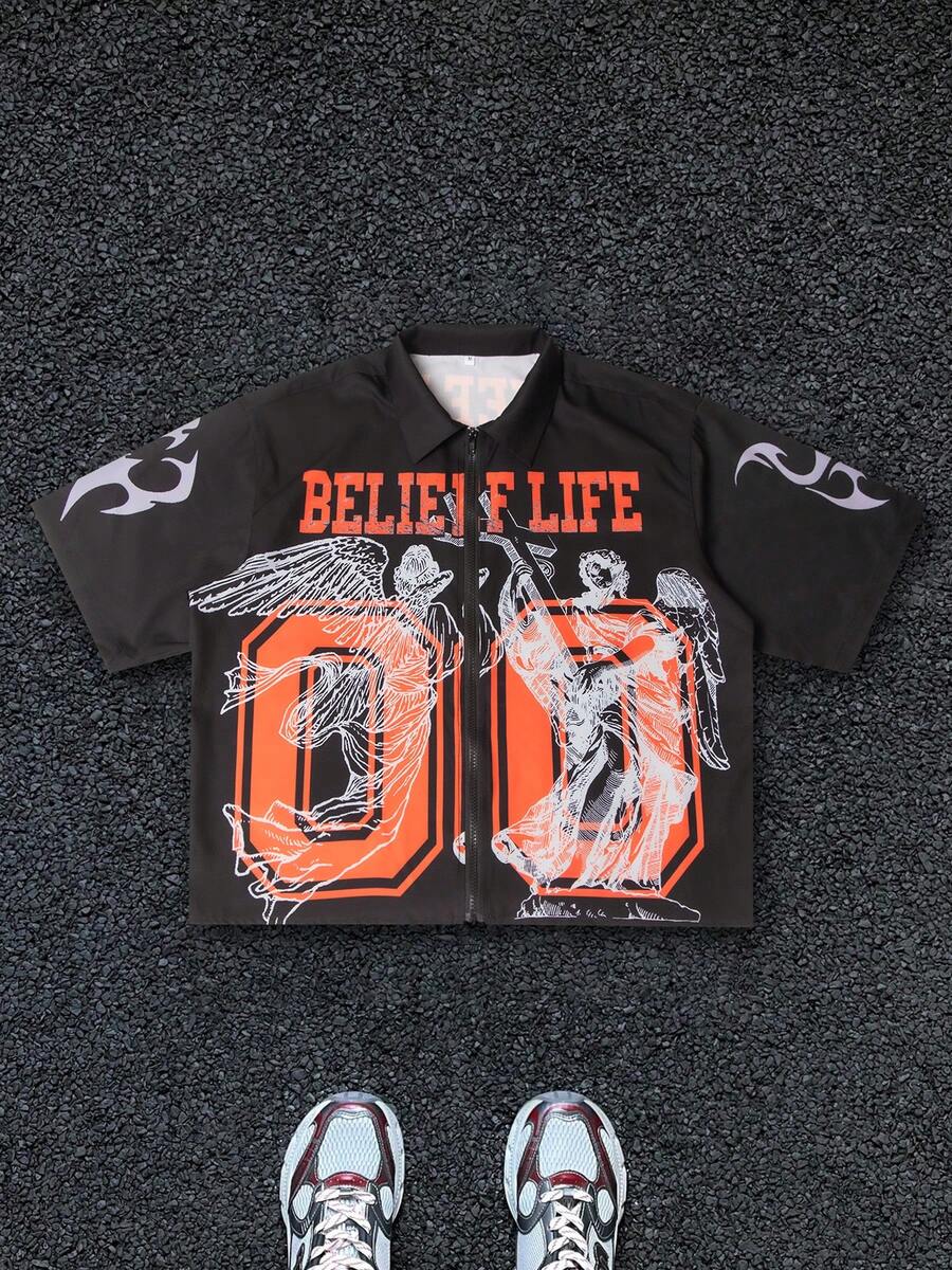 Spring/Summer Men's Fashionable Street Style Black And Red Print Short Sleeve Shirt - Black - View 1