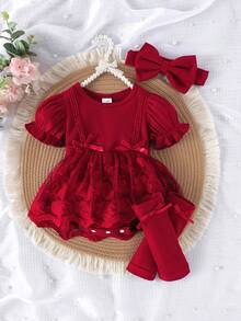 1件婴儿/女婴可爱蕾丝网纱花朵荷叶边连体衣，轻薄夏季款