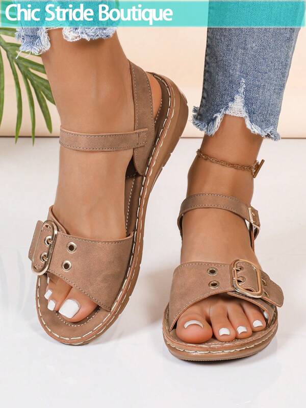 Sandálias femininas casuais minimalistas de cor sólida, sola grossa, salto baixo e bico aberto, decoração com fivela de metal, design perfurado, chinelos baixos confortáveis e versáteis, calçados de praia essenciais para viagens de verão e férias elevadas