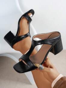 Sandalias de tacón grueso con tira en T y sandalias de tacón alto con punta cuadrada para mujer