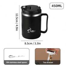 1pc 450/500ml 304 Stainless Steel Coffee Mug With Tea Strainer & Folding Spoon, Double Layer Thermal Insulated Coffee Cup With Handle, Leak-Proof Milk Tea Water Cup, Anti Scalding Drinking Cup Drinkware For Hot & Cold Water, Suitable For Adults & Students Use In Kitchen, School, Office, Dorm, Party, Picnic And Camping